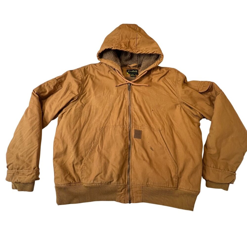 Stanley Mens 2XL Brown Hooded Work Jacket Sherpa Lining Heavy Duty Minor Stains